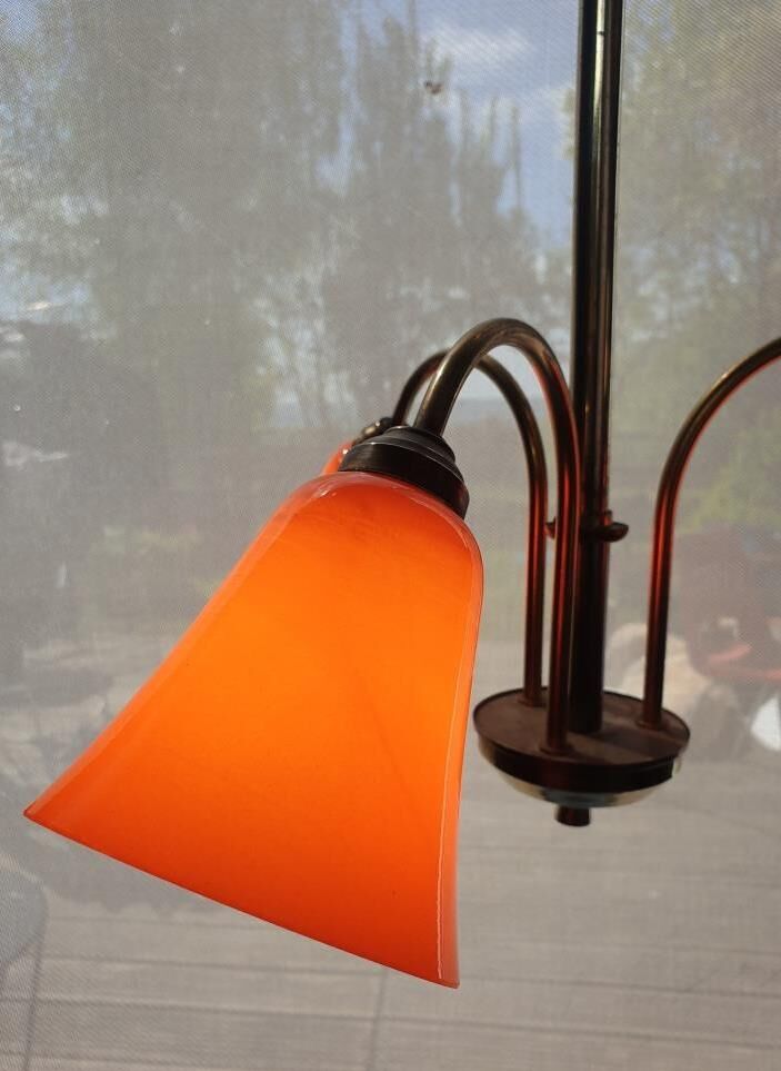 Brass chandelier 3 tulips orange Casimir 1970