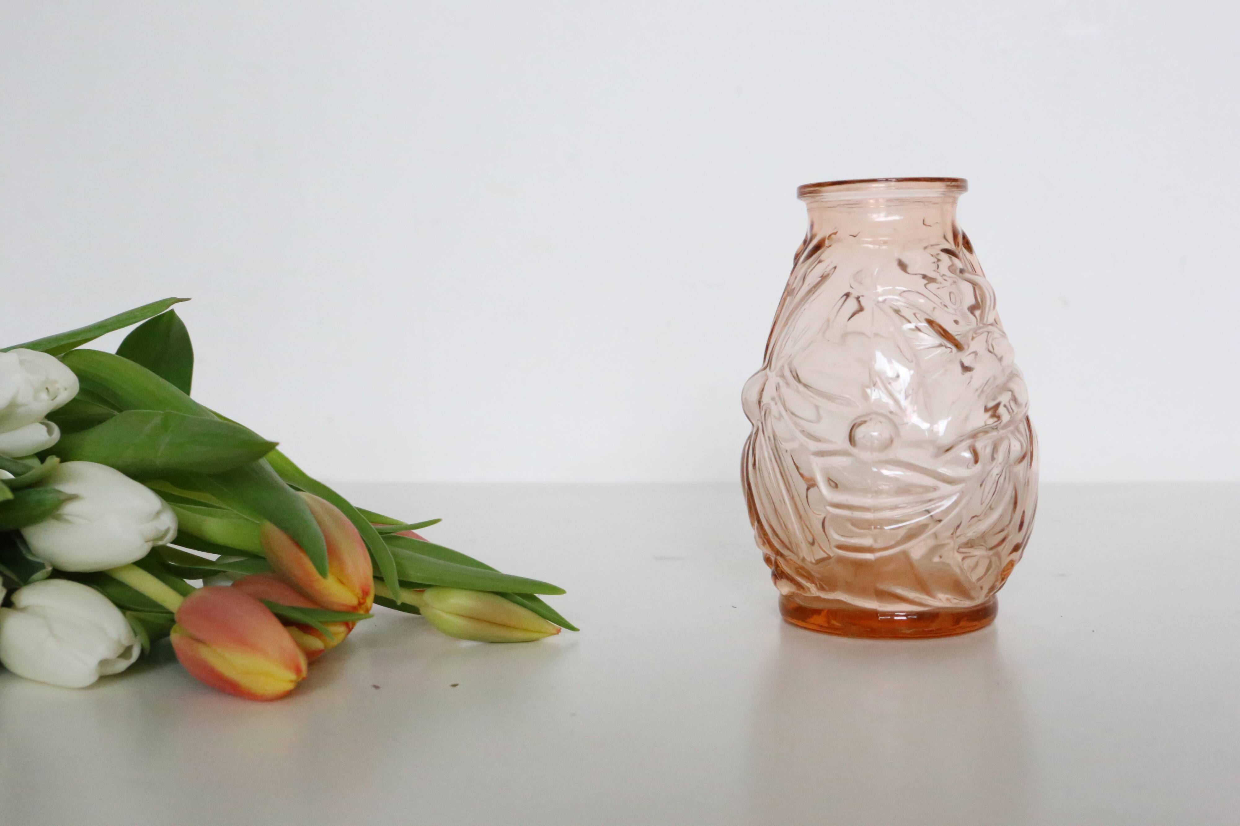 Old pink glass vase, molded glass, vintage French