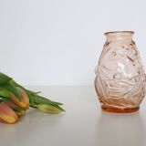Old pink glass vase, molded glass, vintage French