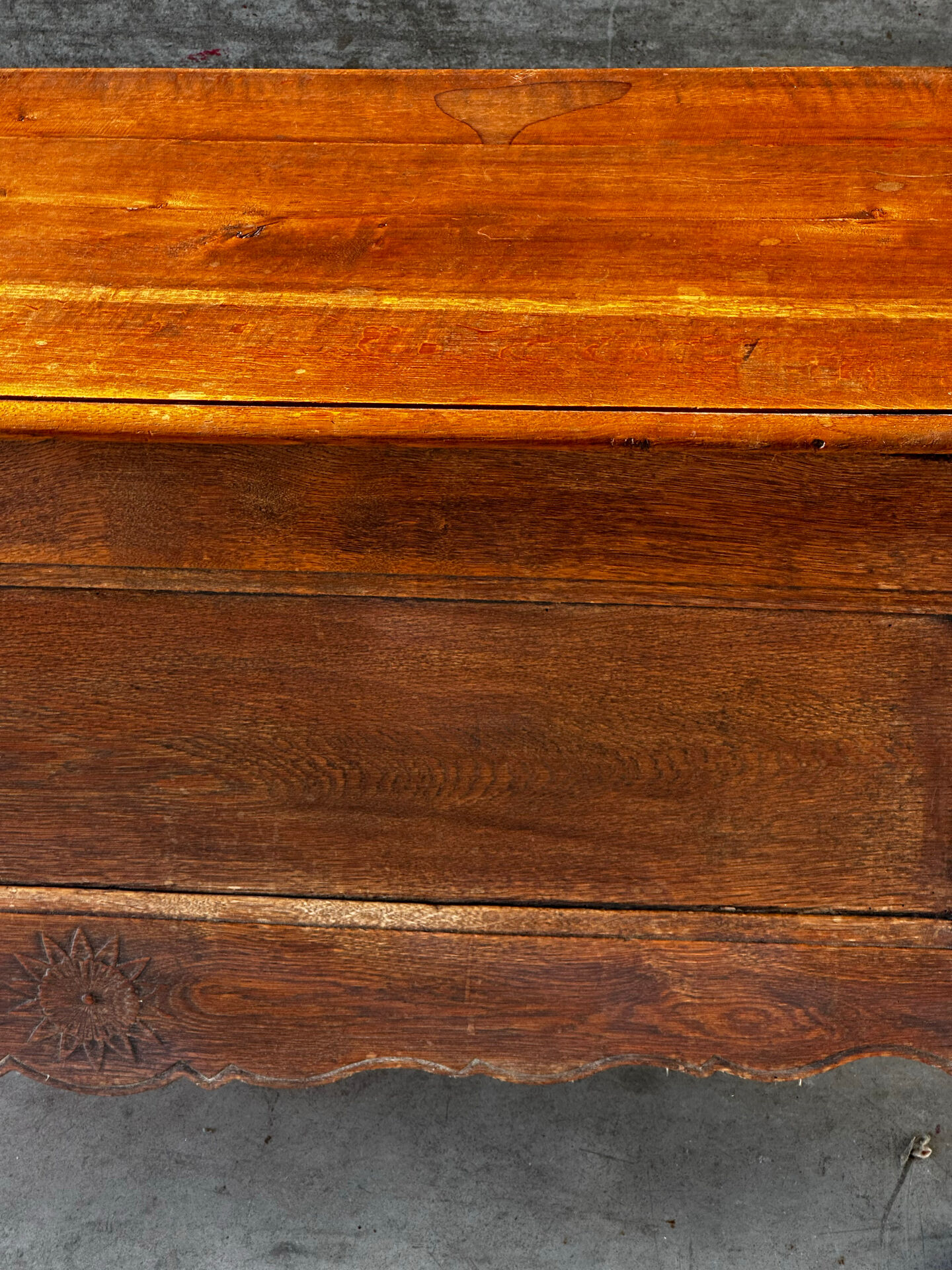 French provincial chest in carved and pegged solid oak, 18th century.