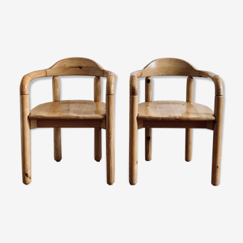 Pair vintage armchairs in solid pine
