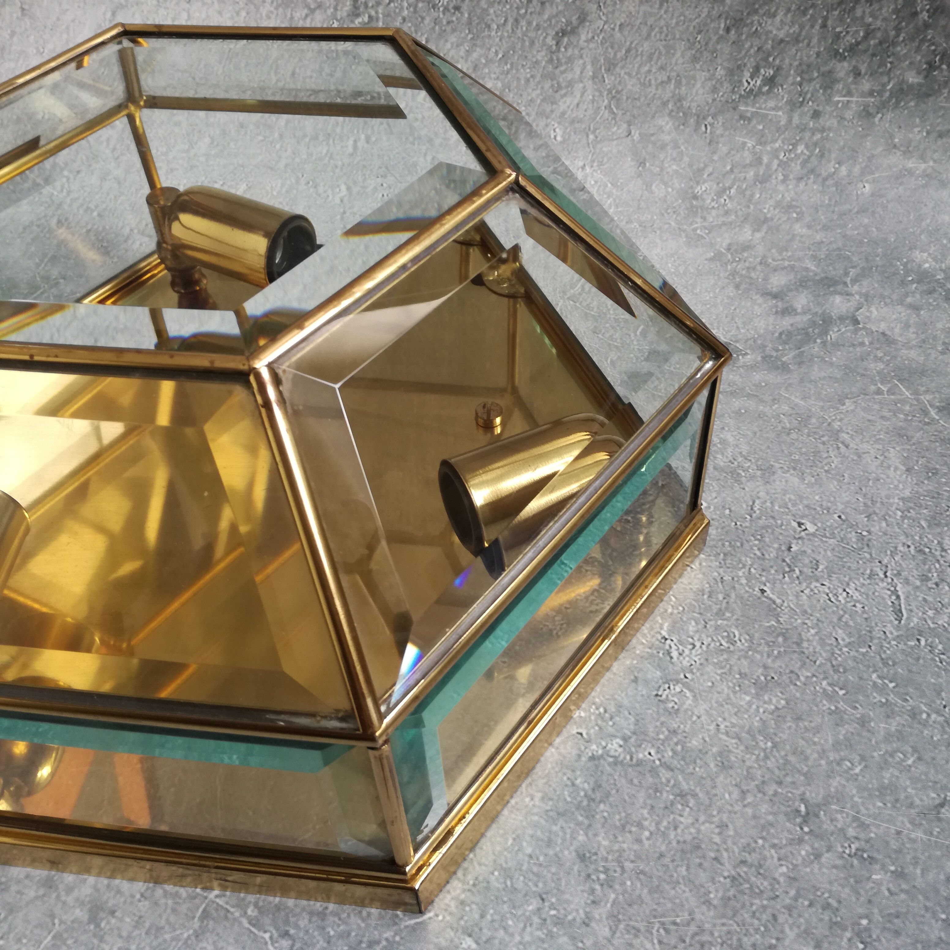 Hexagonal brass and bevelled glass ceiling light