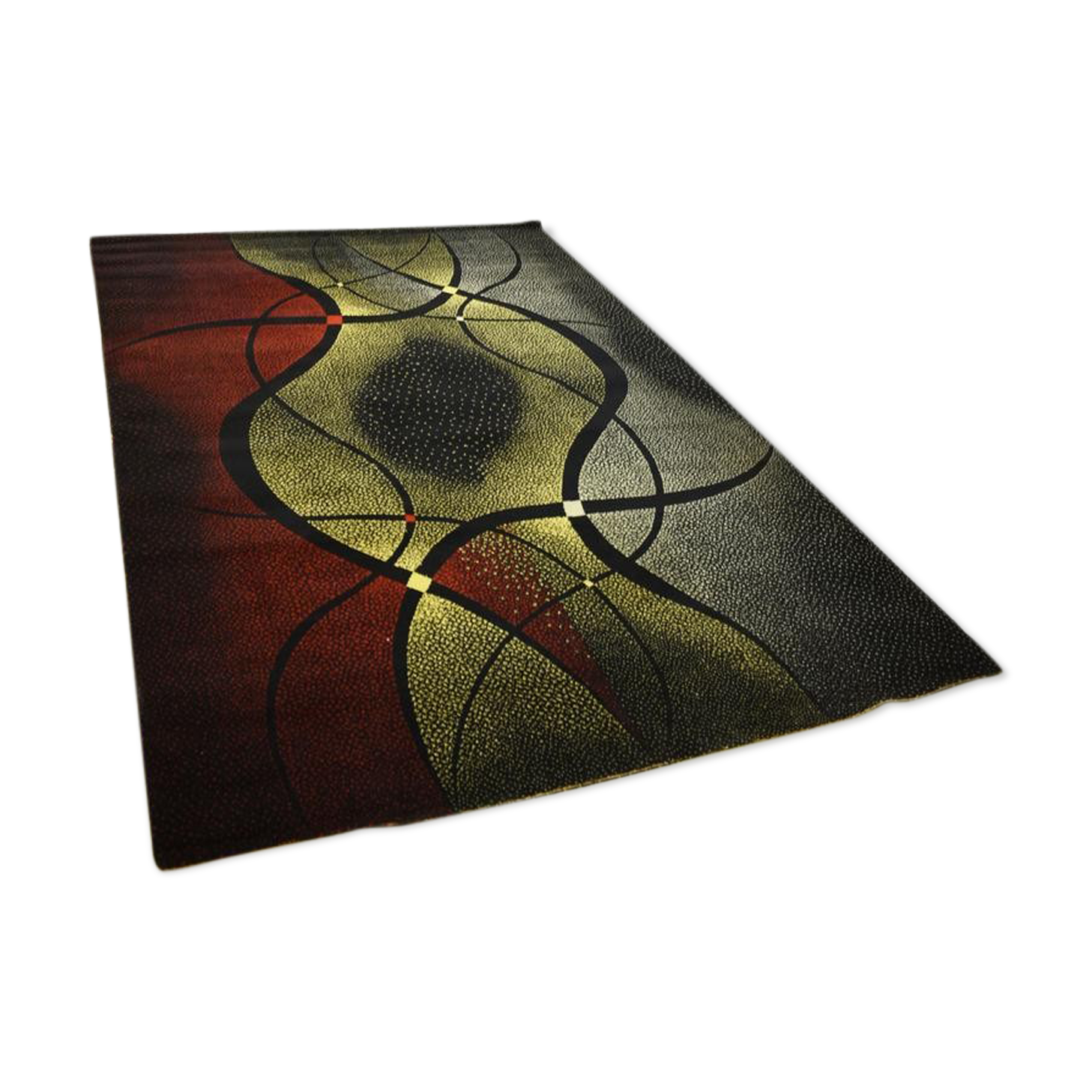 Vintage area rug, mid century, 1960s, abstract psychedelic design, wool rug, low pile rug