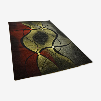 Vintage area rug, mid century, 1960s, abstract psychedelic design, wool rug, low pile rug