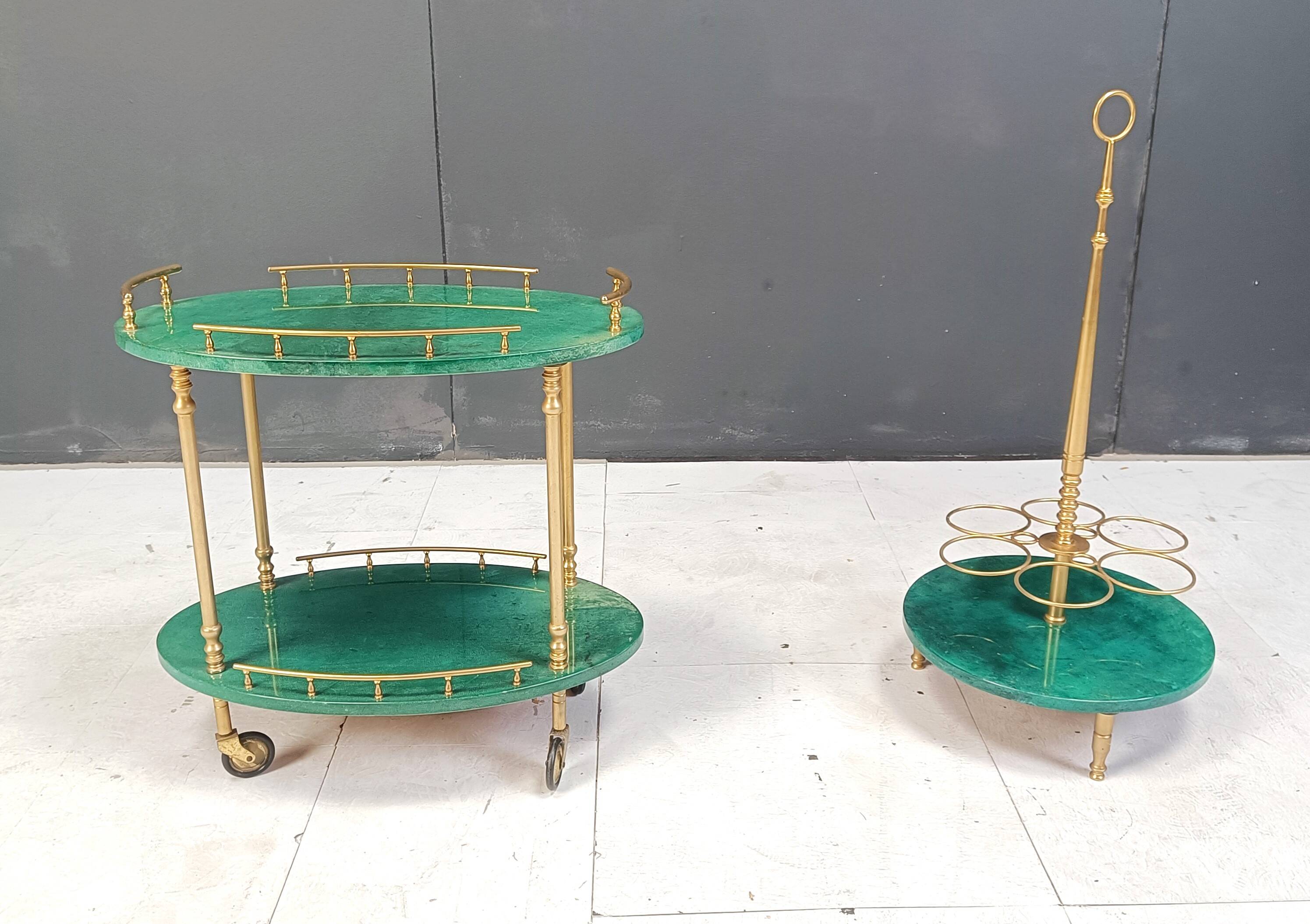 Italian Lacquered Goatskin Swan Bar Cart and wine bottle stand by Aldo Tura