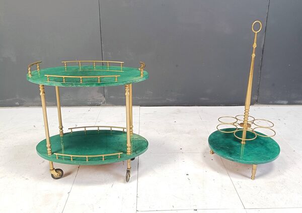 Chariot de bar et porte-bouteilles en peau de chèvre laquée italienne par Aldo Tura