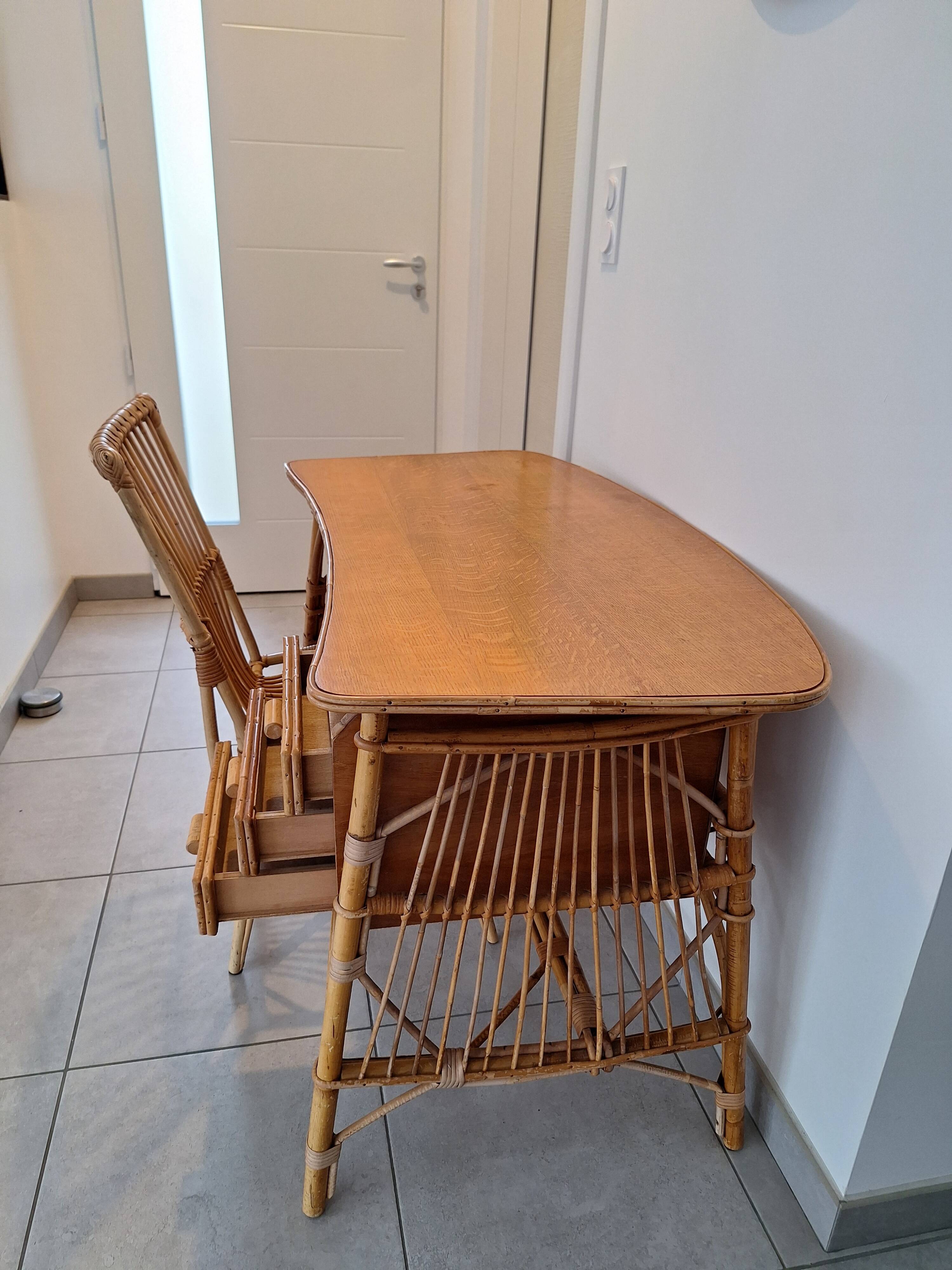 Rattan and bamboo desk with chair - Audoux Minet style from the 1970s.