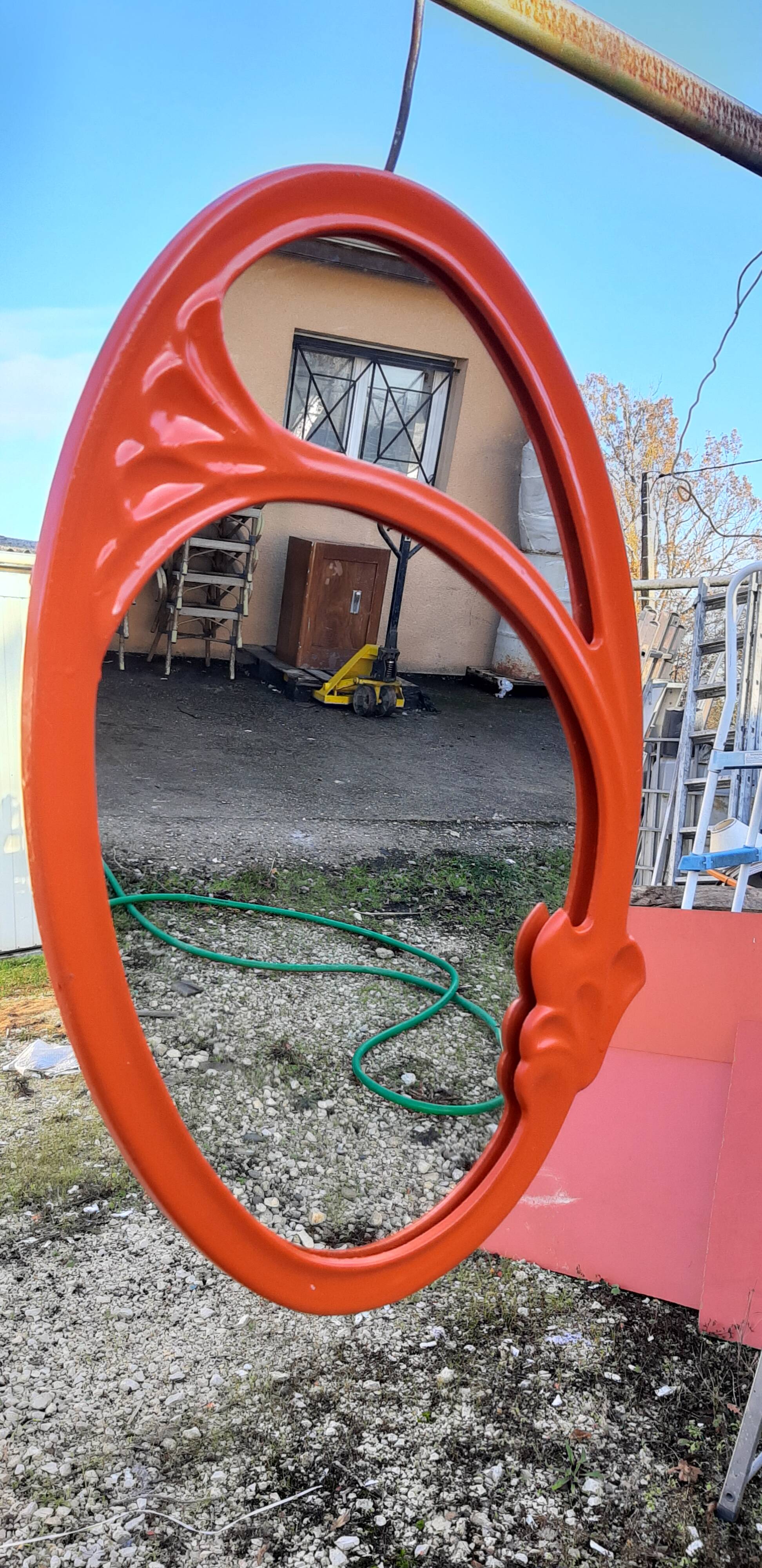 Vintage mirror enamelled cast iron orange