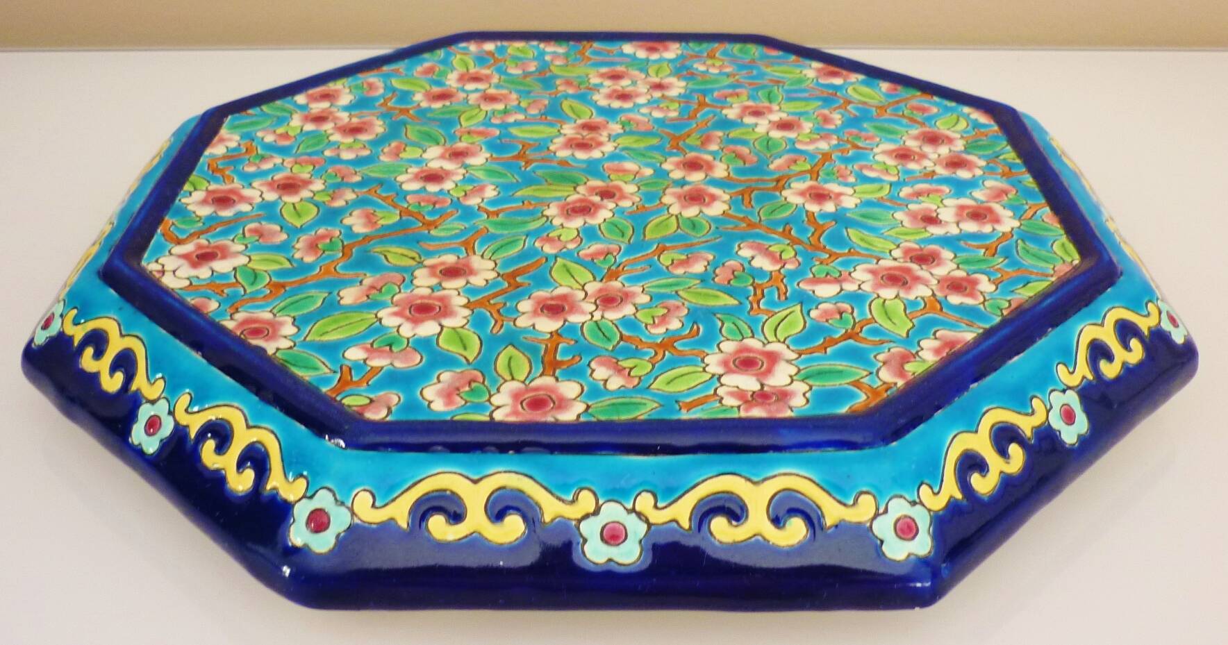 Glazed ceramic trivet, Longwy enamels, art deco