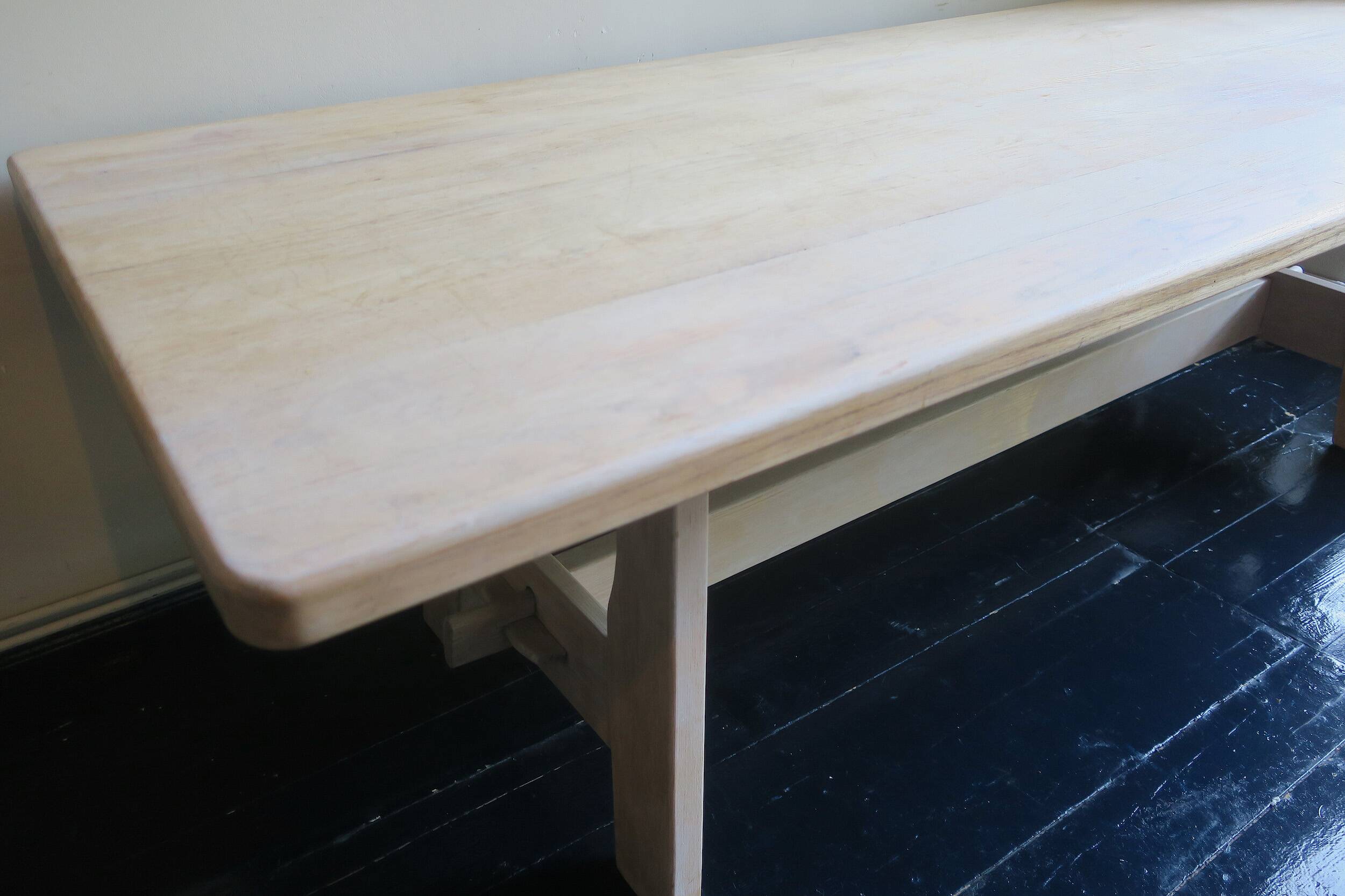 Large farmhouse trestle table in limed oak, 1940s-50s