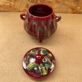 Old tripod candy jar j. guet flamed red ceramic vintage #b212