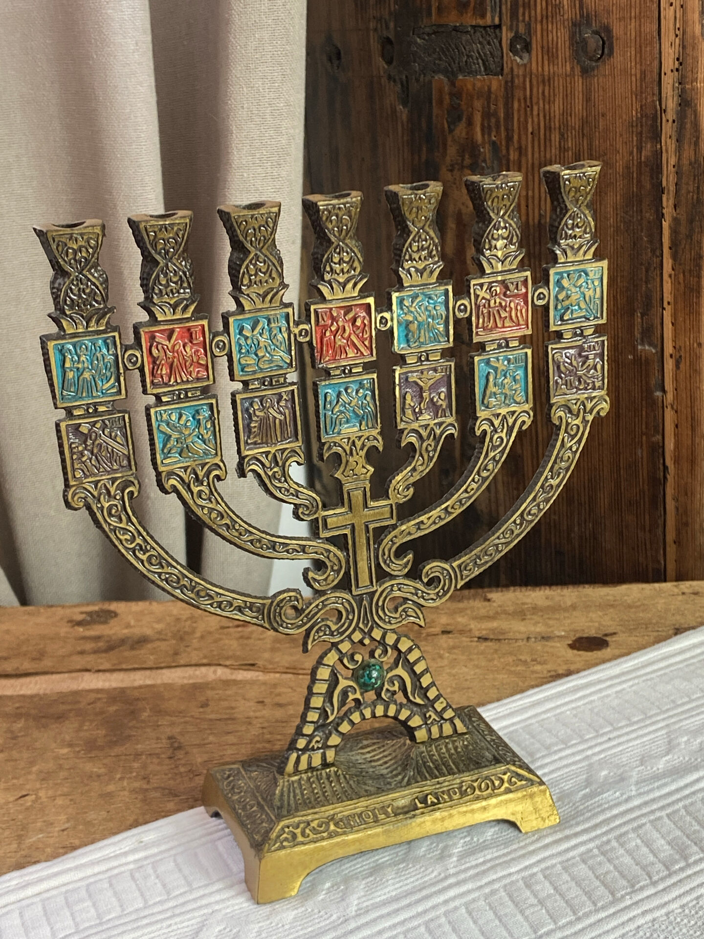 Seven-branched candelabrum, Judeo-Christian, brass and enamel