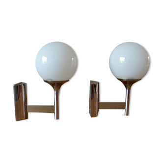 Pair of wall lamps Sciolari opaline chrome steel 60s