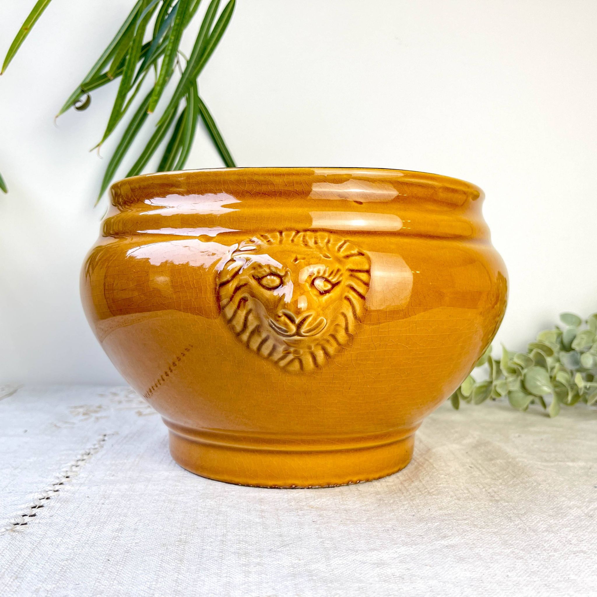 Vintage Ceramic Lion Head Soup Tureen - Honey, Made in France