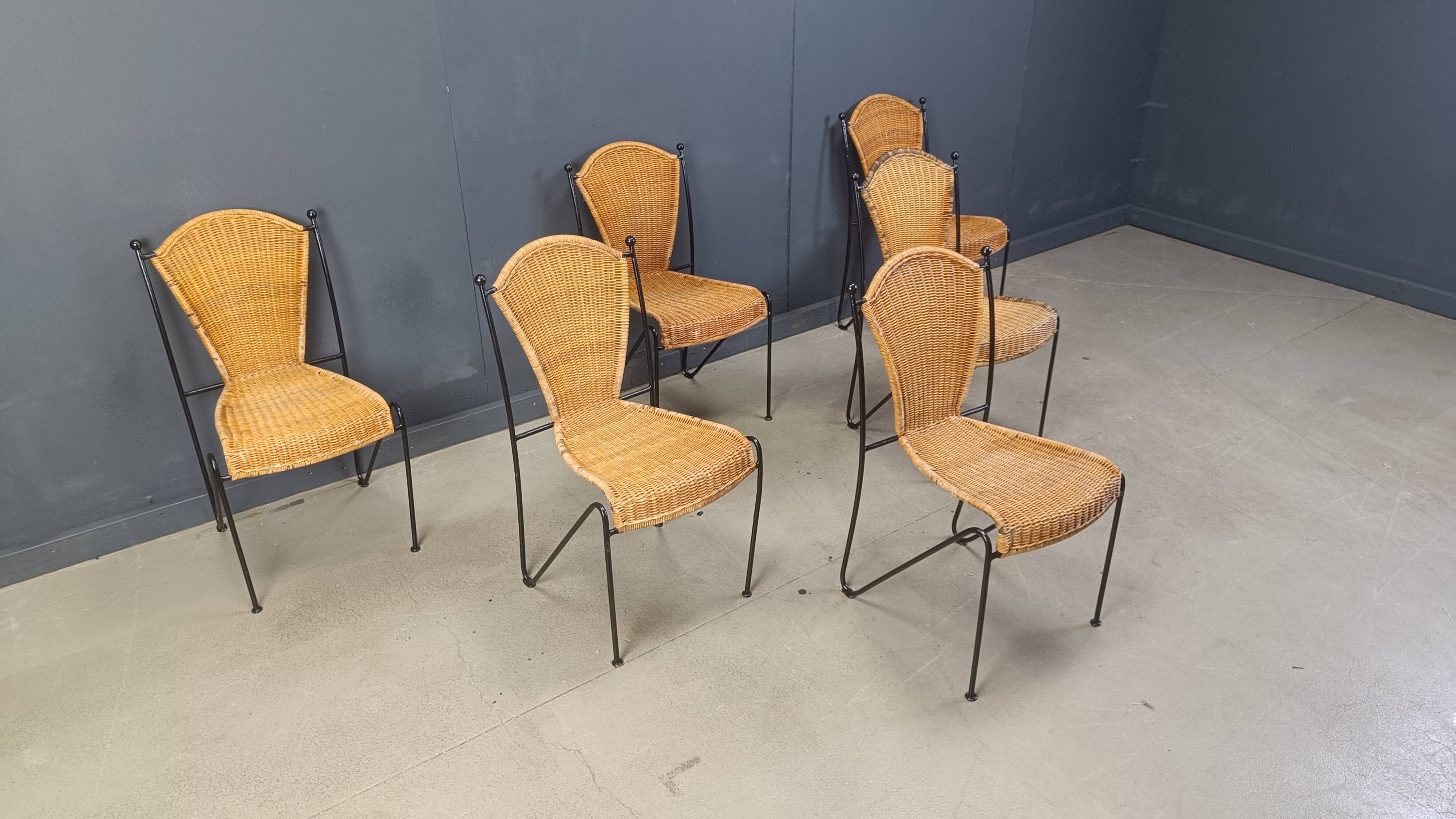 Chaises en osier par Frederick Weinberg, années 1960, lot de 6