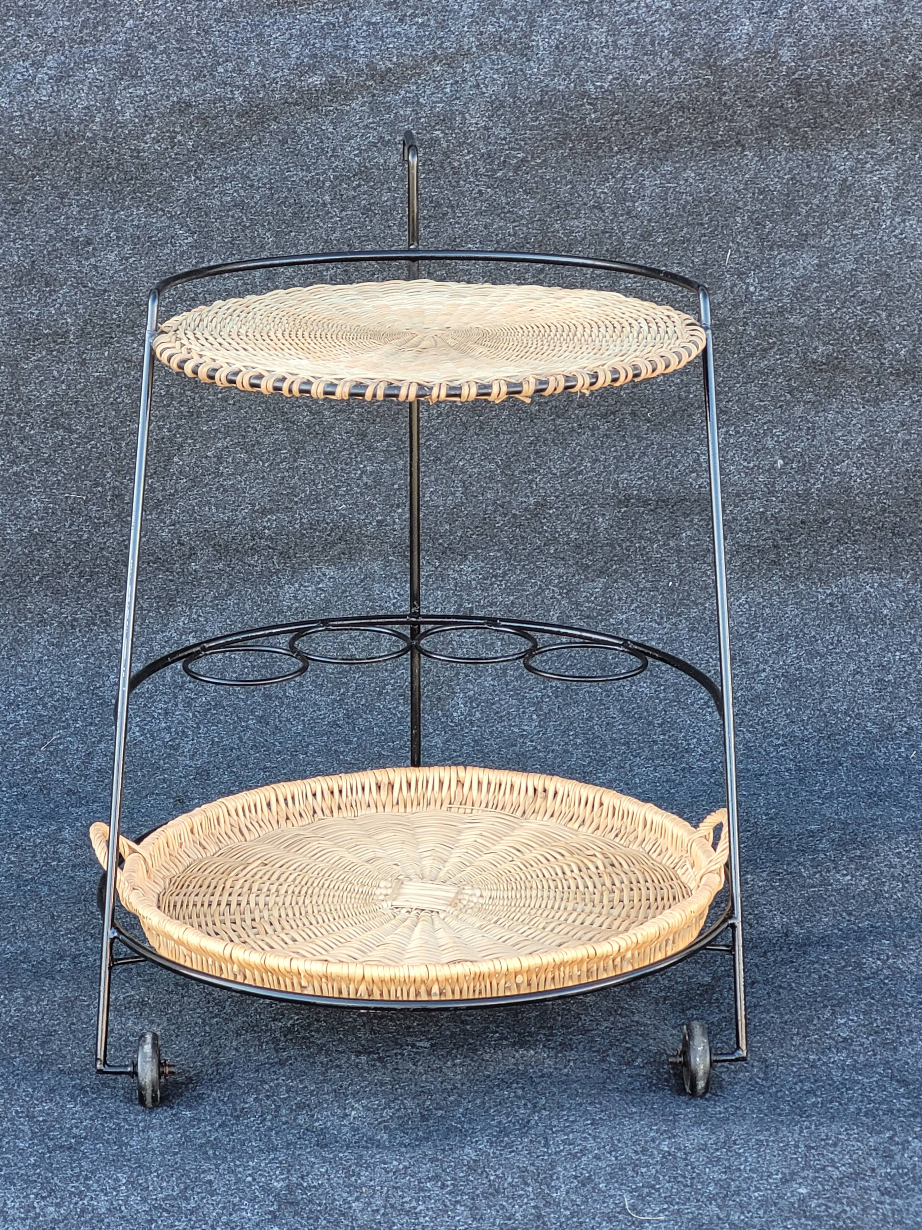 French iron and wicker bar cart from the 1950s