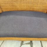 Vintage bench 2 places in rattan and woven rice straw.