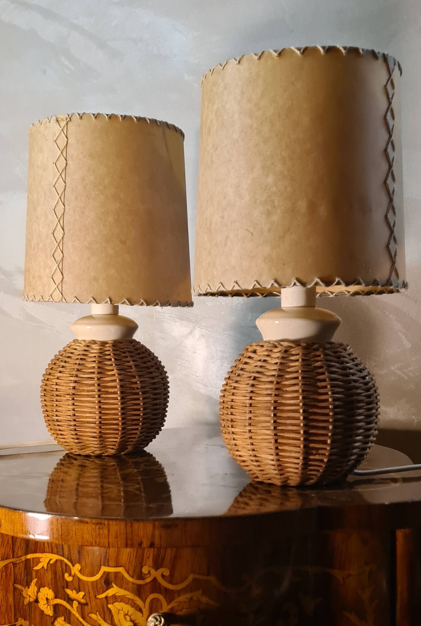 pair of bedside lamps ceramic and rattan lampshade 1960, elec ok 30x16