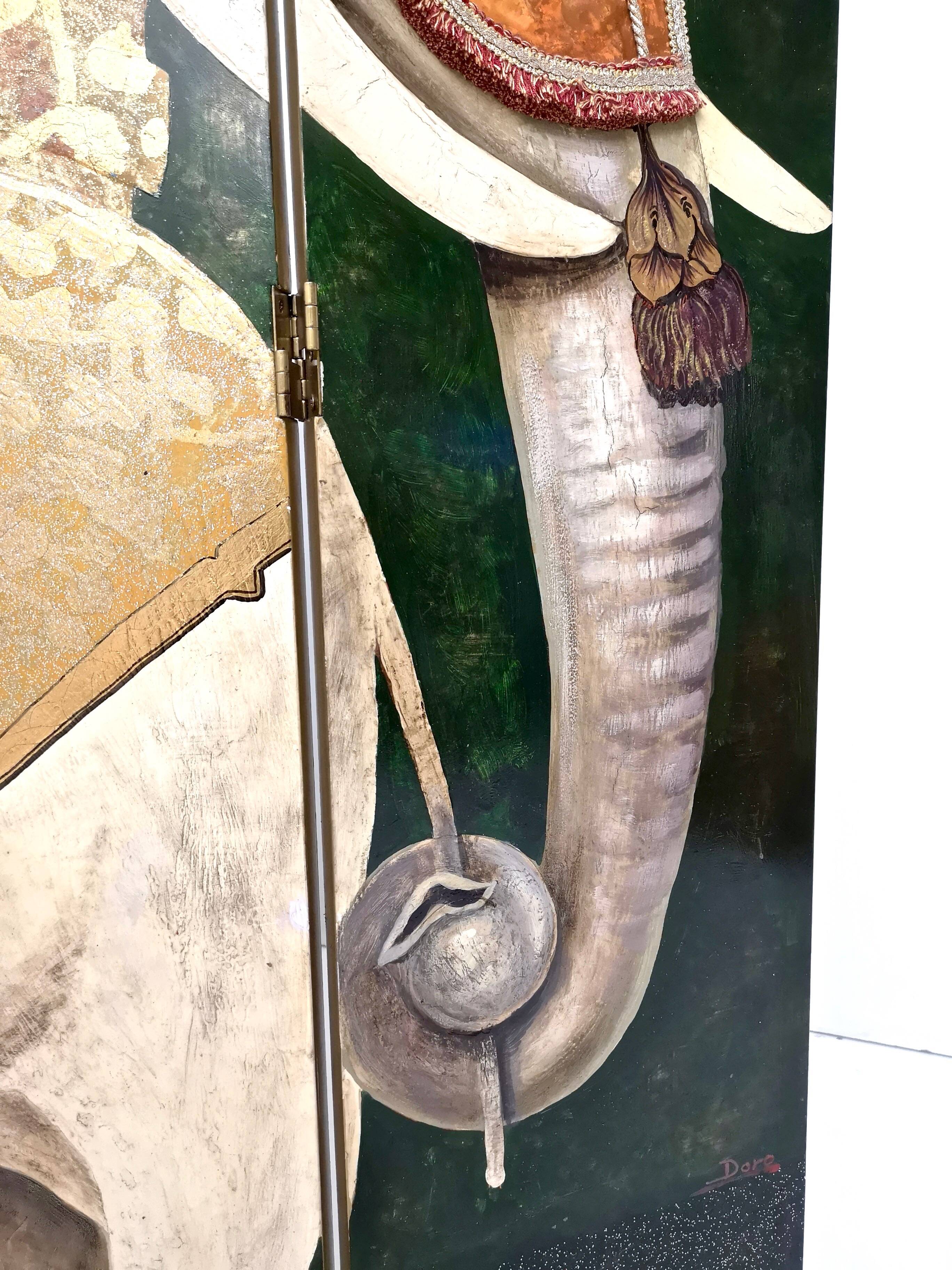 Postmodern five-panel room divider by doro with two asiatic elephants, italy