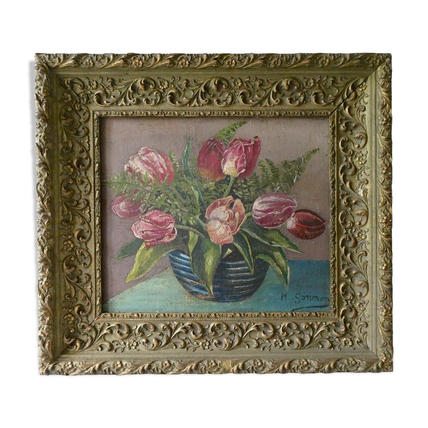 Painting, still life, bouquet of flowers, tulips and ferns