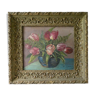 Painting, still life, bouquet of flowers, tulips and ferns