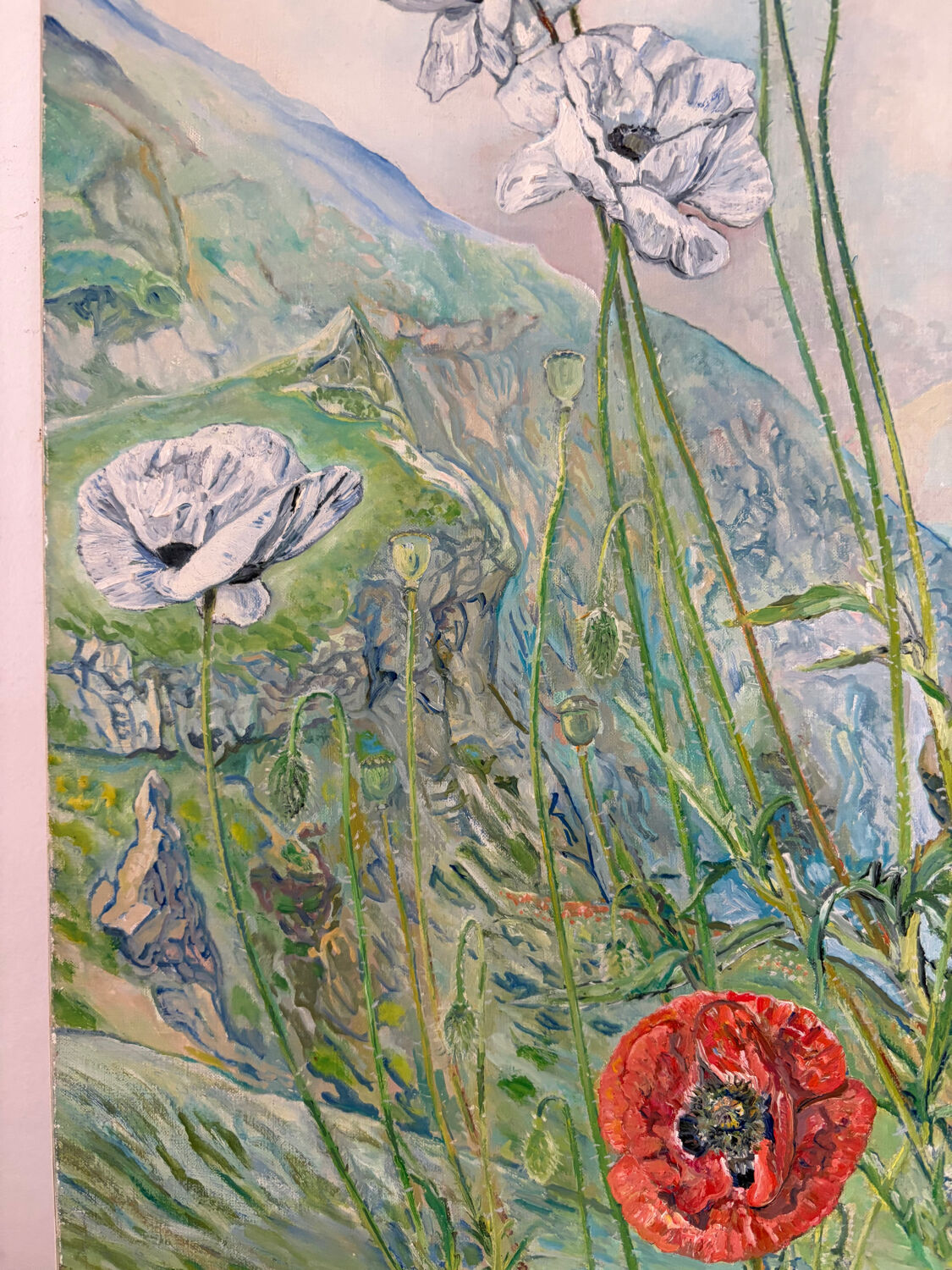 The foot of white poppies, signed Maurice Bouillot 1972