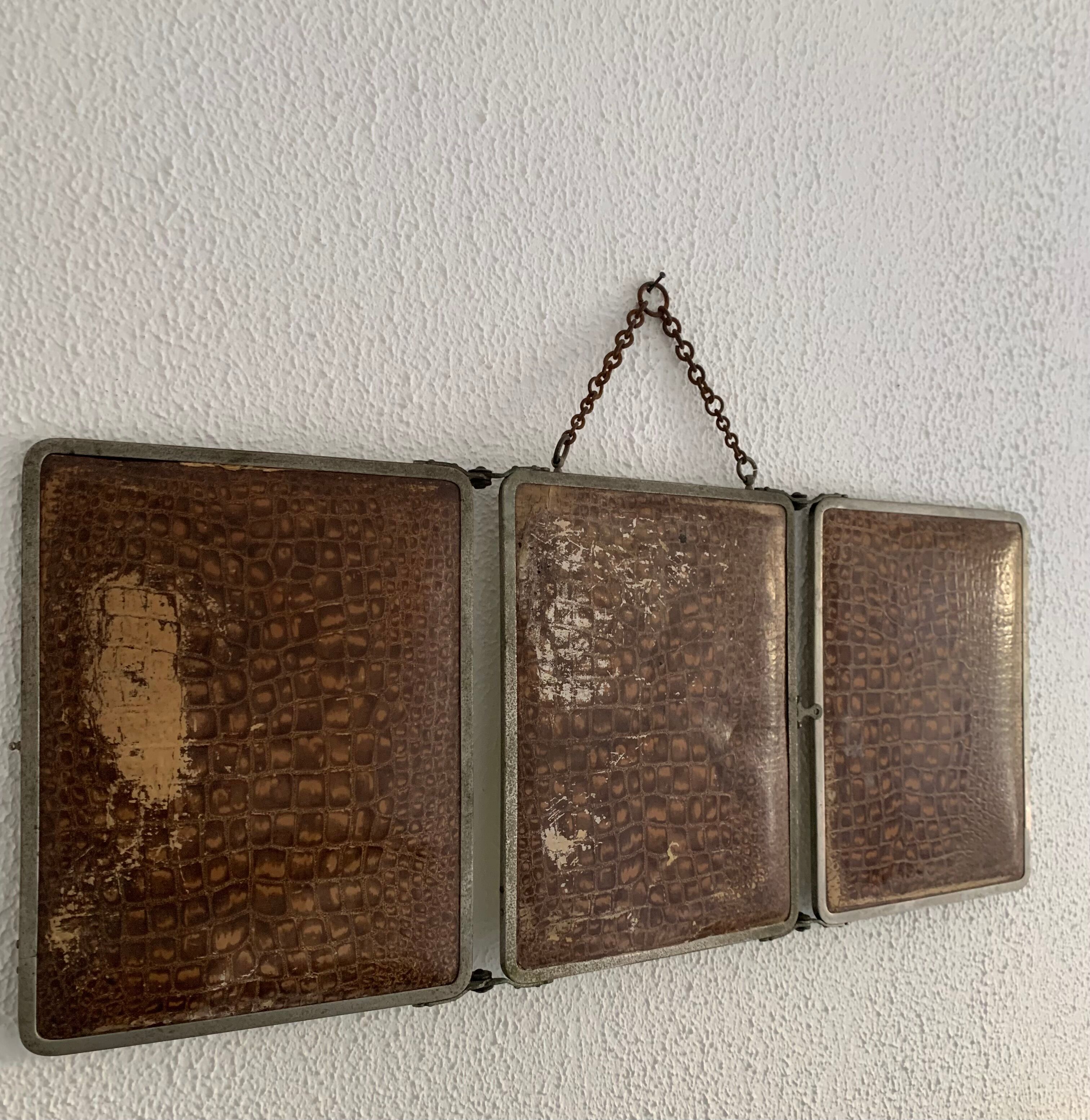 Mirror triptych barber imitation crocodile brown vintage 1930 - 27 x 66 cm