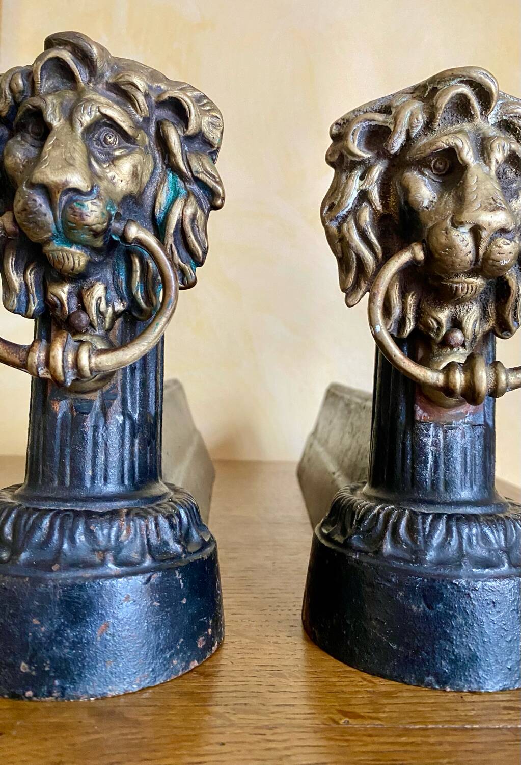 Pair of antique fire dogs with lion heads - patinated cast iron
