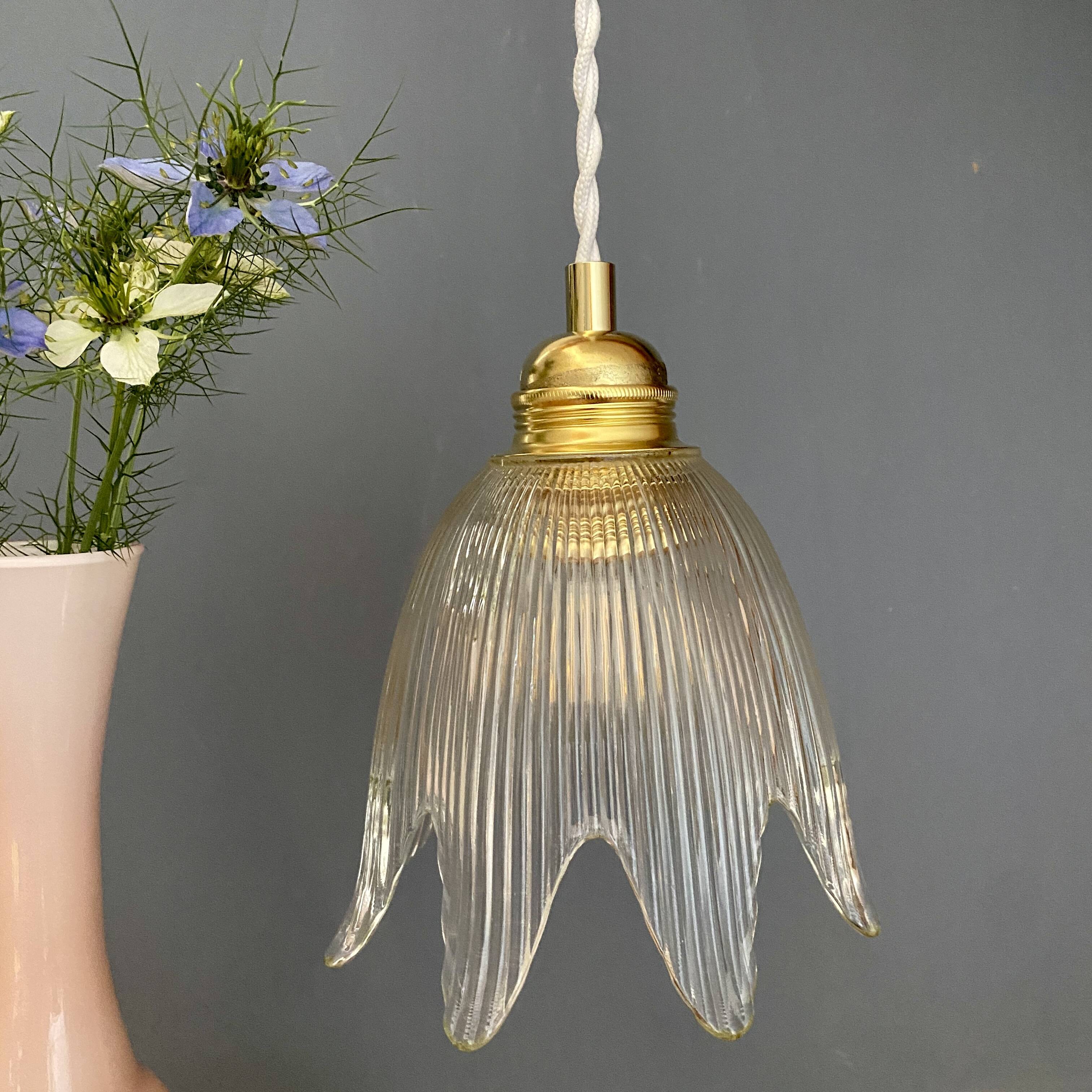 Vintage tulip flower pendant light in ribbed glass