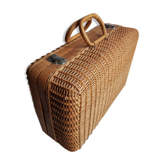 Mallette ou valisette en osier avec doublure en tissu vintage