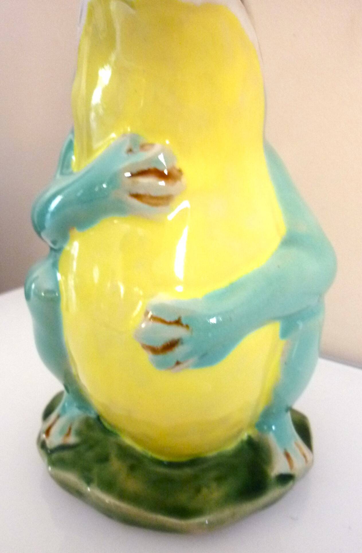 Frog pitcher, glazed ceramic, slipware, signed Athezza Franca