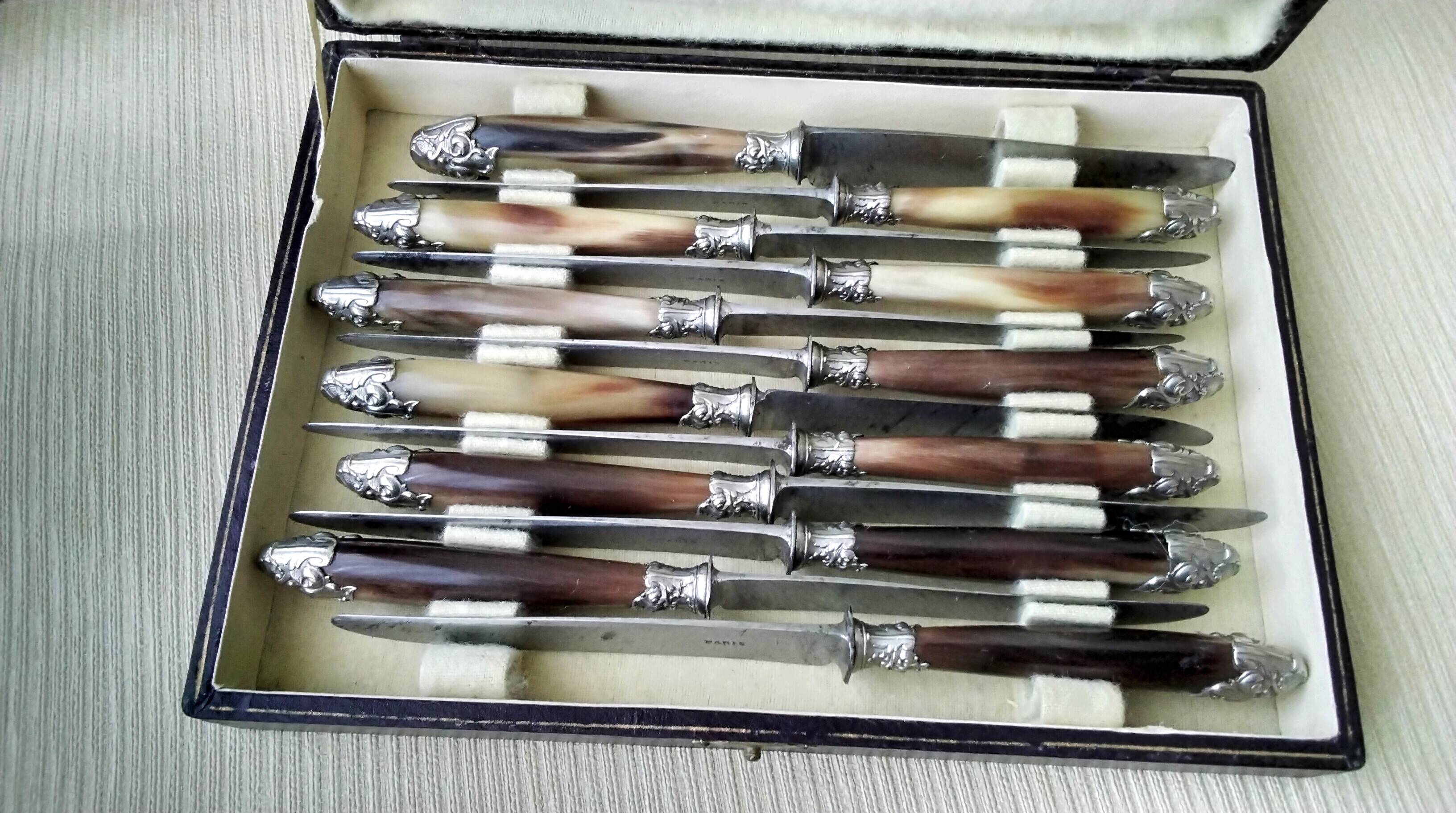 Box of 12 antique cheese or dessert knives. Steel and bovine horn.