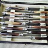 Box of 12 antique cheese or dessert knives. Steel and bovine horn.