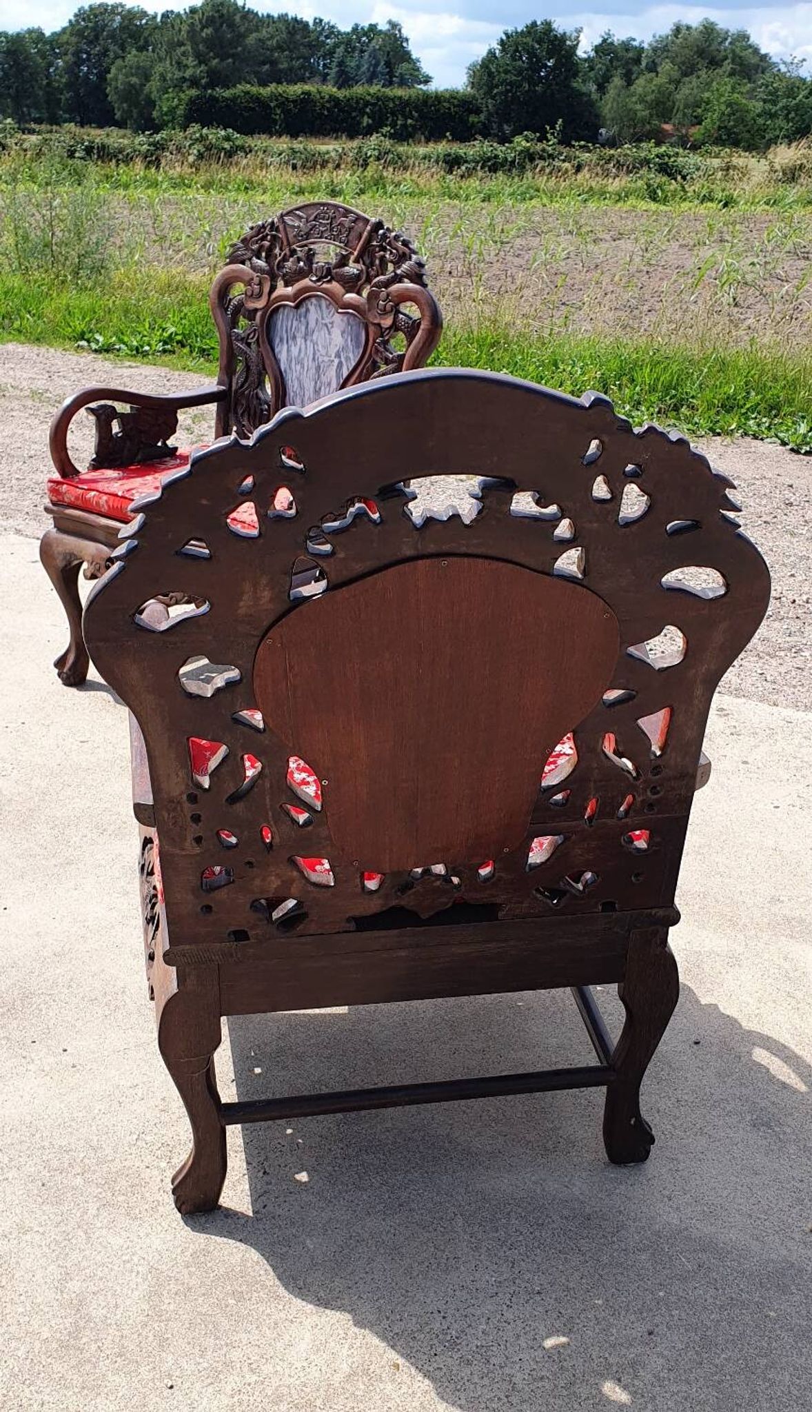 Set of 2 vintage Chinese Asian chairs in carved rosewood with marble.