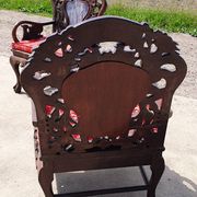 Set of 2 vintage Chinese Asian chairs in carved rosewood with marble.
