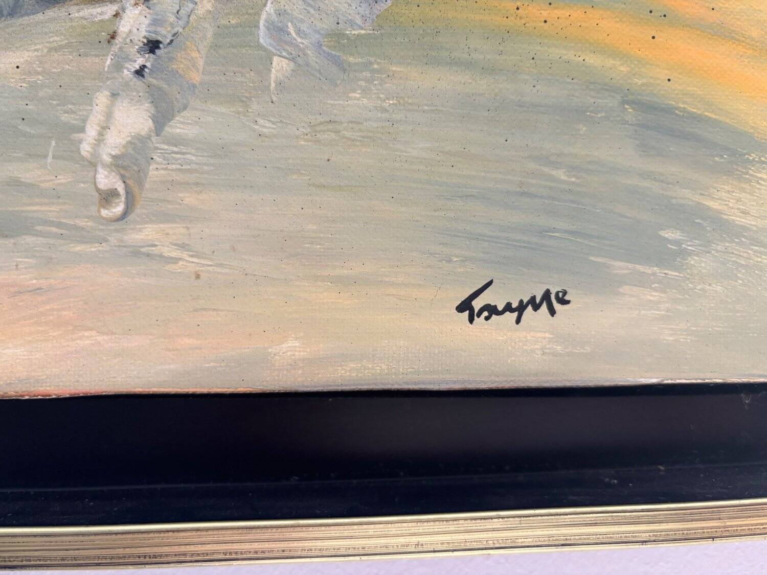 Abstract Lyrical Tableau Oil on Canvas Black and Gold Frame 1960s