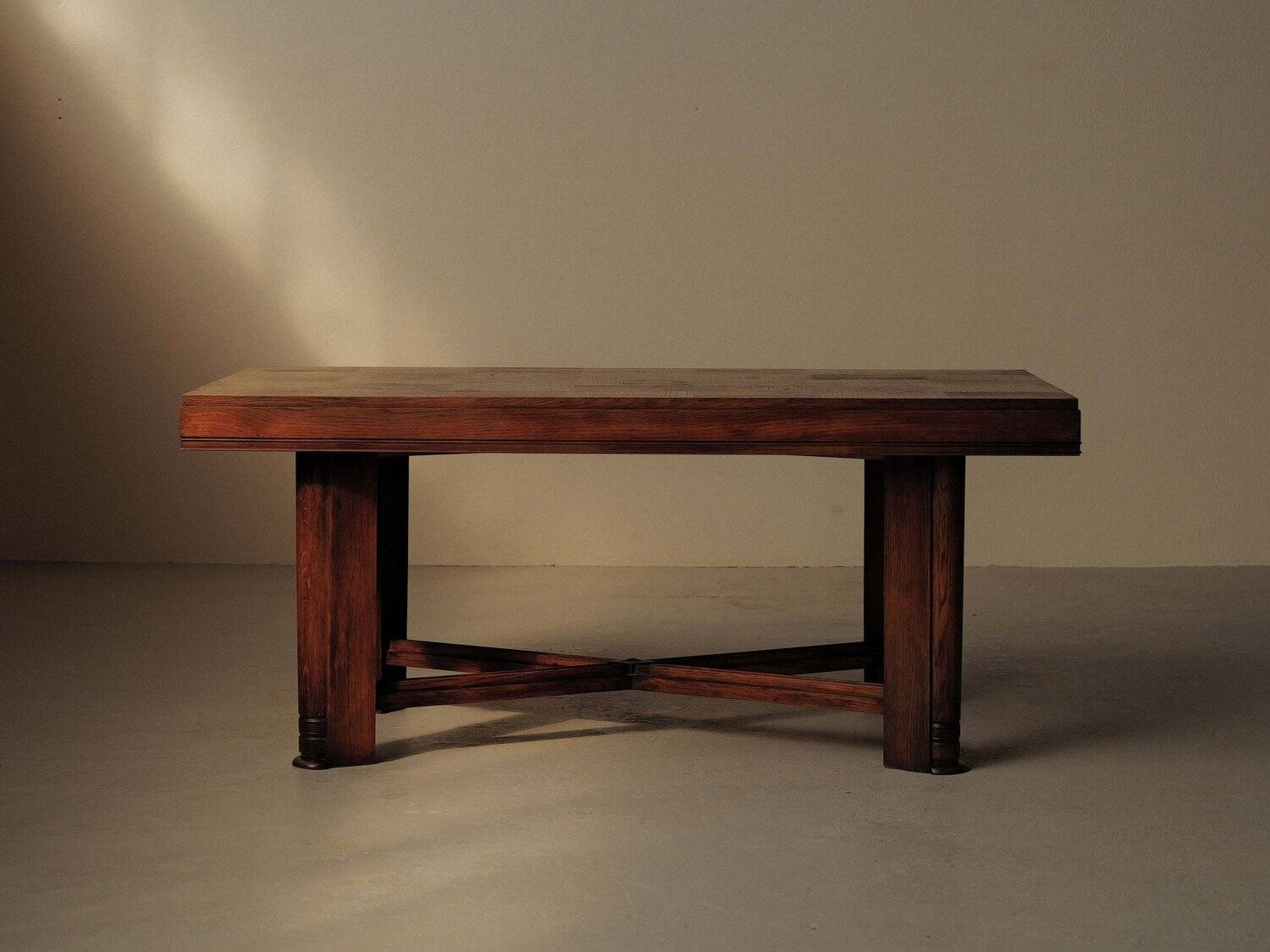 Modernist oak table with a checkerboard top, France, circa 1940.