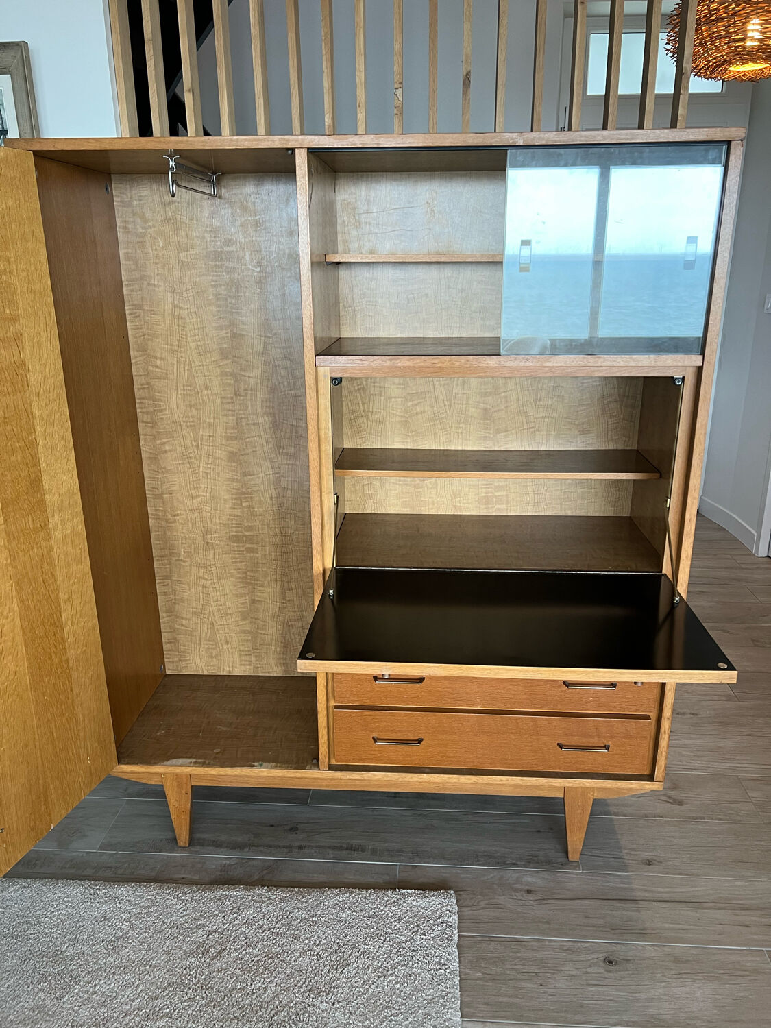 Multifunctional cabinet in wood and rattan