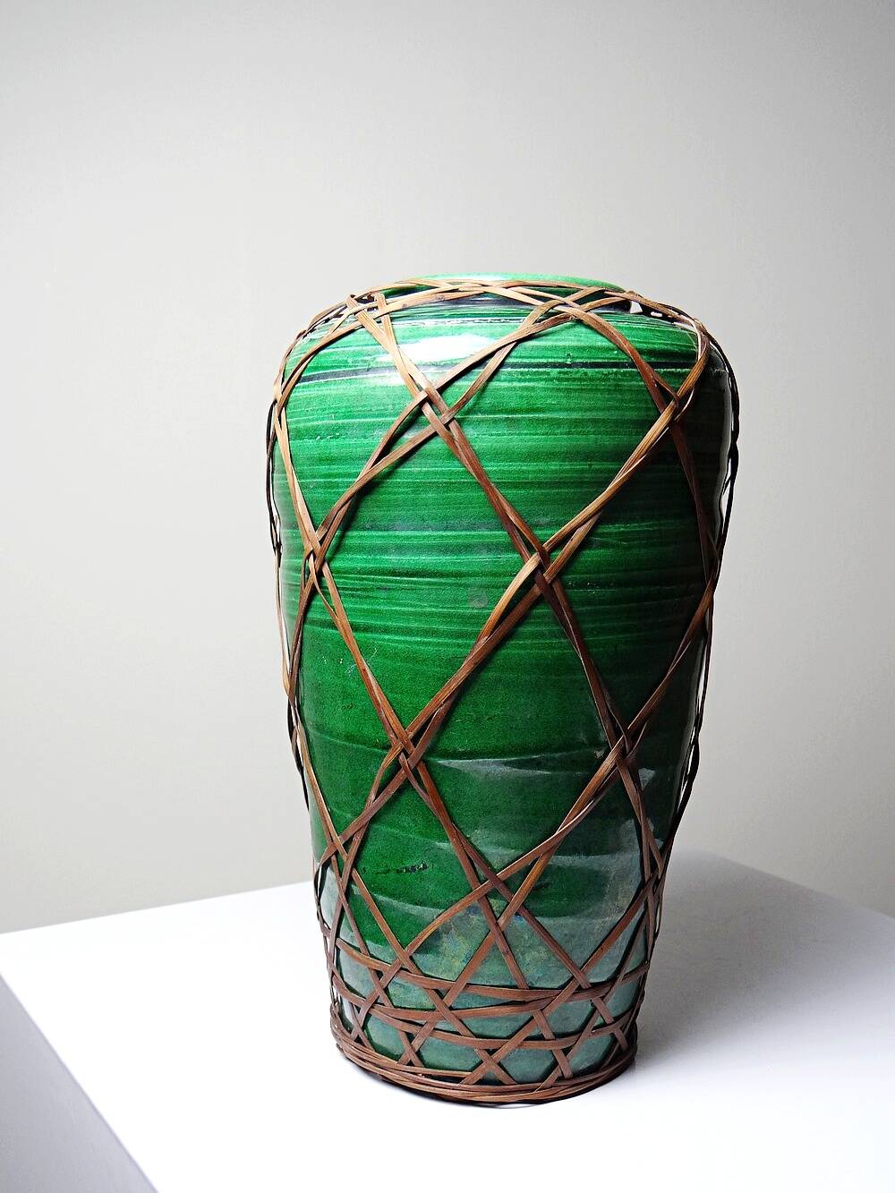Japanese vase, green ceramic with bamboo lacing, Awaji Yaki, antique 1900-1930.