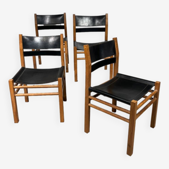 Set of 4 Scandinavian chairs in wood and black leather