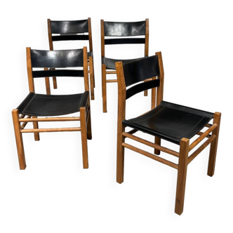 Set of 4 Scandinavian chairs in wood and black leather