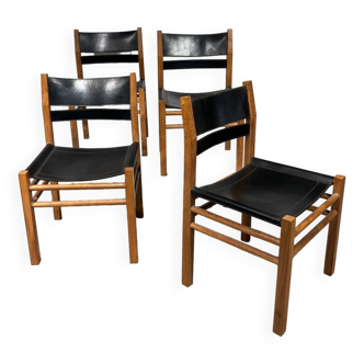 Set de 4 chaises scandinave bois et cuir noir