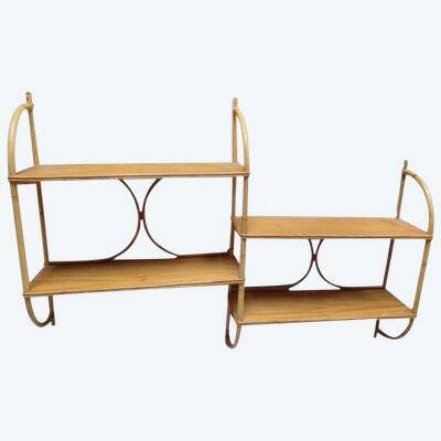 Vintage 1960s wooden and rattan shelf with 4 shelves