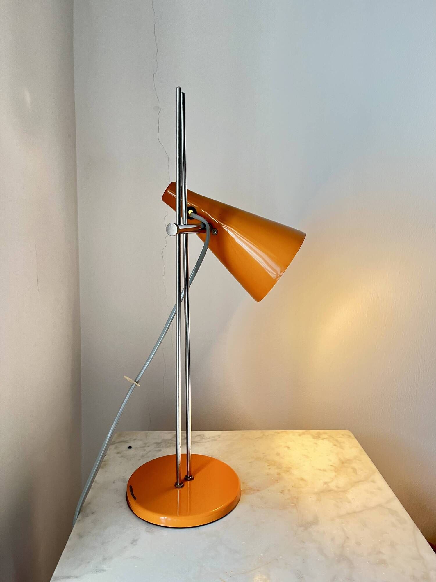 Vintage Mid-Century Table Lamp by Josef Hůrka for Lidokov | Orange & Chrome