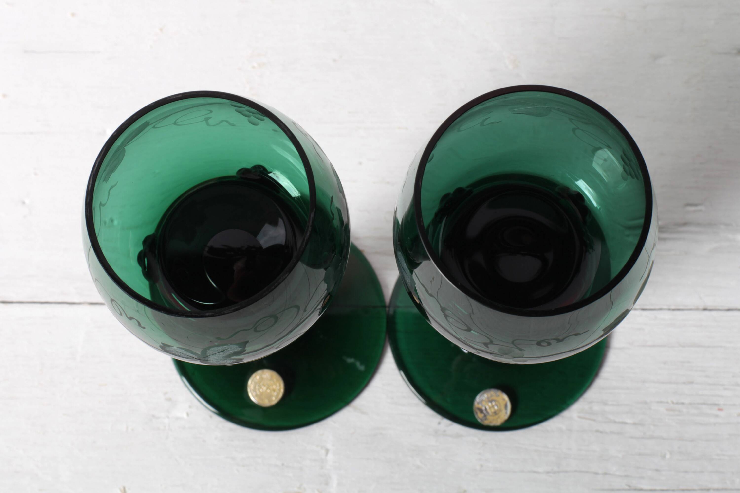 Vintage Emerald Green Wine Stem Crystal Glasses Remmare / Germany / 1960s