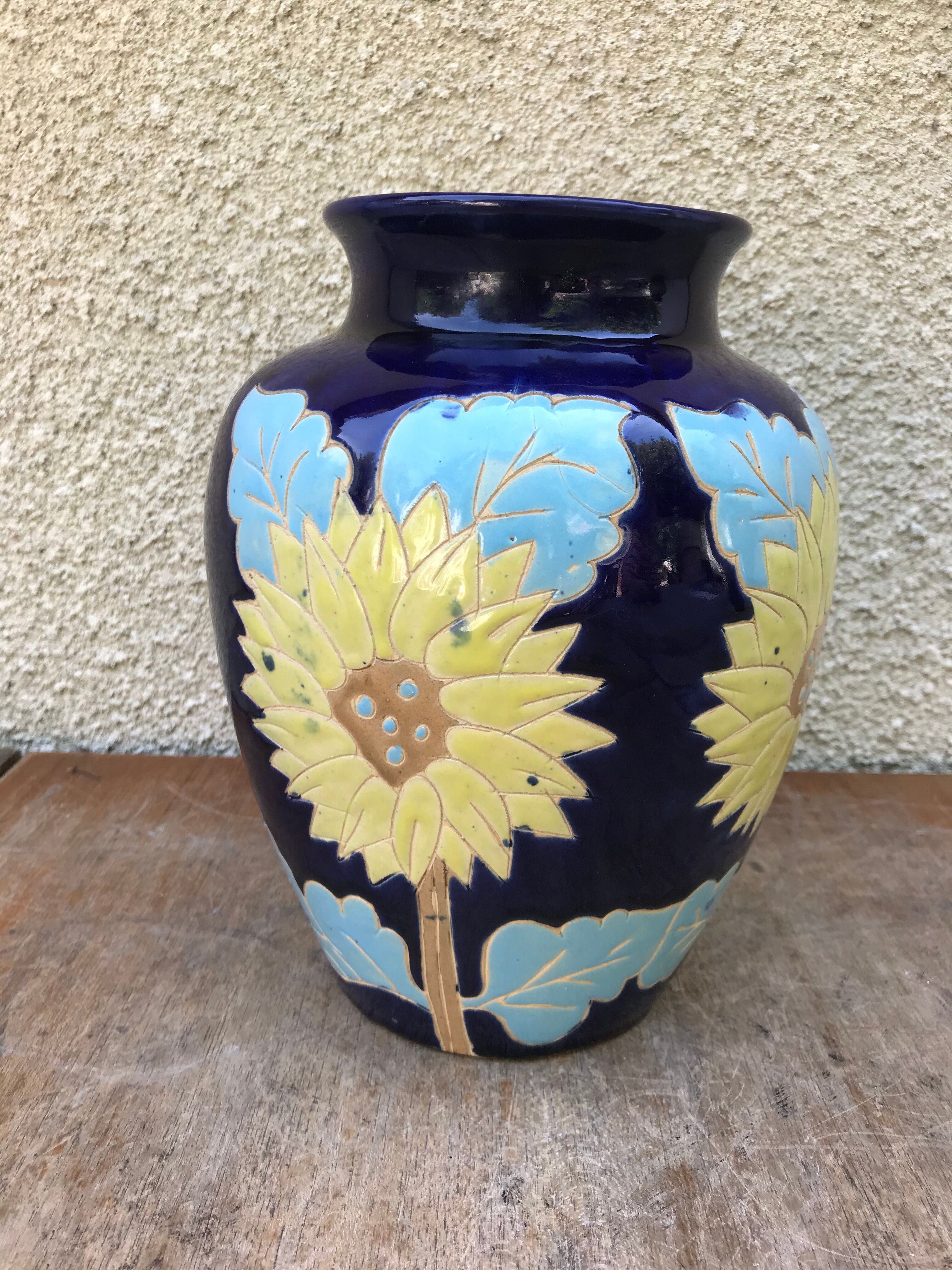 Ancient Blue Enamelled Ceramic Vase Decor Yellow Flowers 60s Vintage