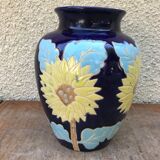 Vase céramique émaillée bleue décor fleurs jaune années 60 vintage