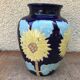 Ancient Blue Enamelled Ceramic Vase Decor Yellow Flowers 60s Vintage