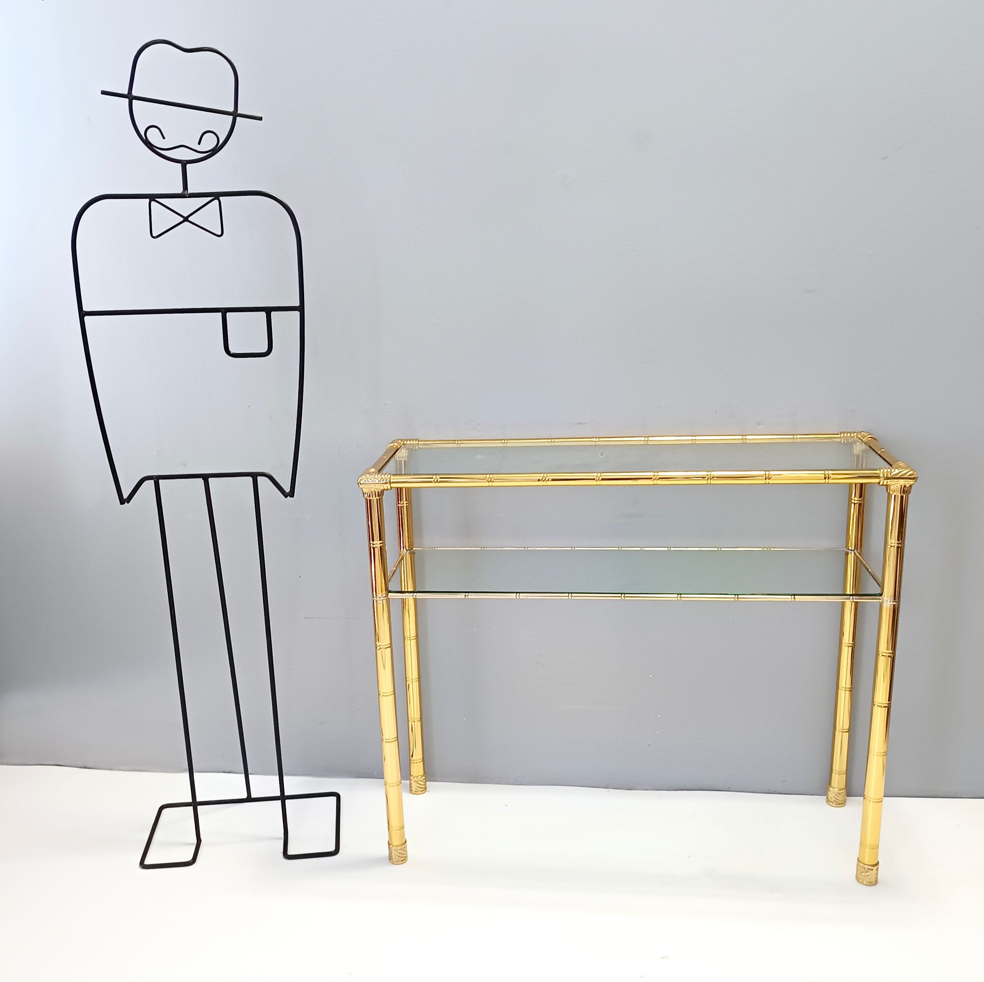 Rectangular Gold Aluminum Console Table with Two Glass Shelves, Italy