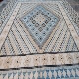 White and blue moroccan wool handmade carpet - 240x150cm